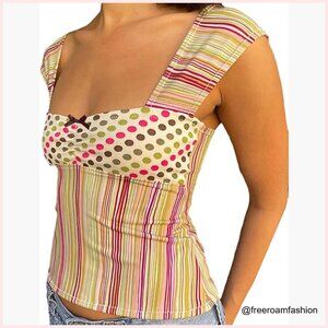 Backless Crop Top with Lace Trim, Patchwork Design, Y2K Style